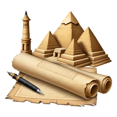 An icon showing a rolled parchment scroll, a quill pen, and ancient landmarks like pyramids and columns in the background. The design symbolizes the study of past civilizations, events, and heritage. Transparent background emphasizes the timeless exploration of human history. sticker