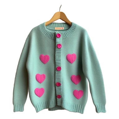 Sage oversize wool open short cardigan with pink heart shaped buttons, isolated sticker