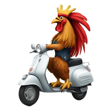 howling rooster with a crown on its head driving a scouter vespa sticker