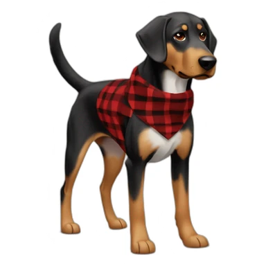 adult 75% Coonhound 25% German Shepherd mix dog with visible tail wearing small pointed red buffalo plaid bandana full body walking left quickly sticker