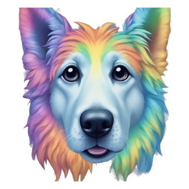 Multicolored rainbow retro groovy tie dye hippie trippy floral patterns on a metallic holographic iridescent blue dog face head unicorn sticker