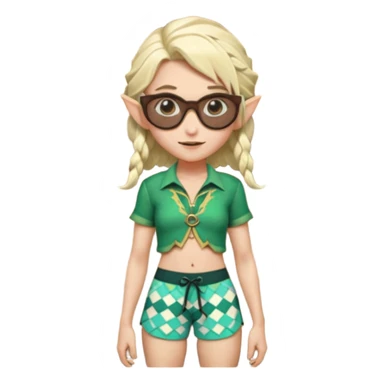elf female legolas portrait, patterned board shorts (geometric/abstract), unique wooden-framed sunglasses, undercut hairstyle, slight smirk, visible pointy ears, no background, centered emoji, hipster summer vibe coctails  sticker