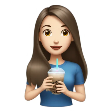 a brunette white girl with long straight hair holding an ipad and bubble tea sticker