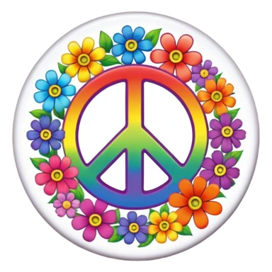 A round psychedelic colored button with the word (Peace) in the center with rainbow colored hippie style flowers sticker