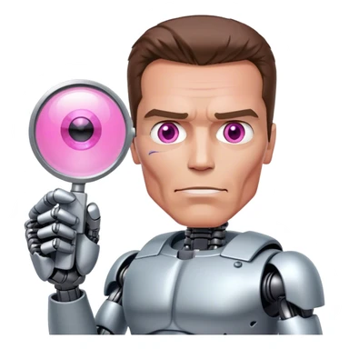 friendly looking schwarzenegger-looking half robotic half human pink terminator holding magnifying glass, upper body sticker