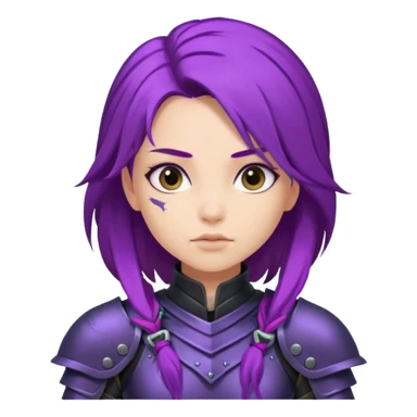 mysterious warrior girl with flowing purple hair, dressed in black armor, cute and expressive, simple background sticker