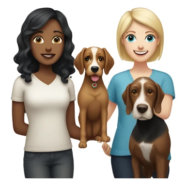 two woman, one with blonde hair & blue eyes, the other with black short hair and brown eyes, hugging a springer spaniel and a yorker terrier  sticker