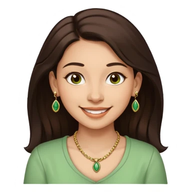 young woman emoji with dark brown hair, brown eyes, nose piercing, smiling widely, wearing green and cream blouse and gold necklace, conveying happiness and relaxation sticker