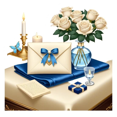 A carefully folded love letter, tied with a silky blue ribbon, sits on a velvet cushion. Beside it stands a tall crystal perfume bottle, exuding the soft scent of white roses. Pearl butterflies hover above the table, as the warm glow of candlelight reflects off the golden wax seal. sticker