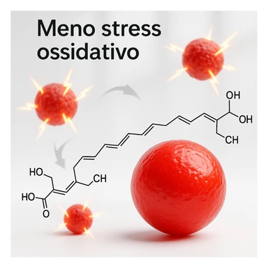 hyper realistic red astaxanthin molecule reducing oxidative stress, neutralizing free radicals, clinical atmosphere, white background, text 'Meno stress ossidativo' sticker