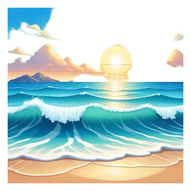 A beautiful seascape with waves in warm tones under a bright sun, with the azure sea occupying the foreground. The sunlight reflects off the water, creating a vibrant, peaceful atmosphere. The background features a stunning sky with soft clouds and a distant horizon. sticker