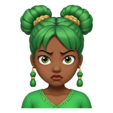 Create a 3D cartoon-style girl character with dark skin, round face, angry expression, big wide eyes, and tightly styled double buns made of green beaded hair. The girl should look irritated, eyebrows sharply angled, and lips pressed in a frown. sticker