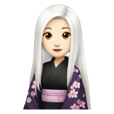 Beautiful japanese girl with long straight white hair and dark violet eyes, pale skin. Wearing a black kimono with pretty flowers sticker