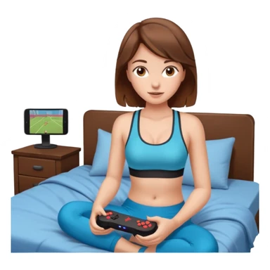 a girl in no pants sitting on her bed, in a sports bra, playing a video game sticker