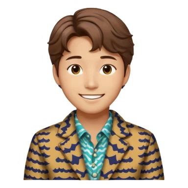 Design a Korean male idol with wavy brown hair, patterned jacket & cheerful smile, inspired by V of BTS. sticker