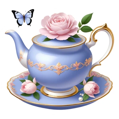 A luxurious Victorian tea set with gold accents, featuring a porcelain teacup filled with herbal tea, surrounded by scattered blush pink rose petals and white peony blossoms, with a periwinkle-tinted pearl butterfly perched on the rim. sticker