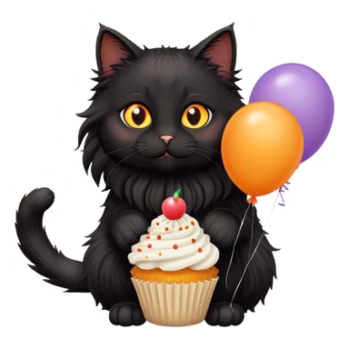 Orange eyes Long haired black cat fluffy with cupcake balloons sticker
