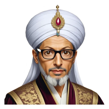 Jeff Goldblum without glasses as a regal portrait dressed as _cinematic-realistic-portrait-of-suleiman-the-magnificent,-depicted-as-a-regal-ottoman-sultan-adorned-with-a-large,-white,-round,-tall-turban-and-a-majestic-grey-beard,-his-commanding-gaze-bathed-in-warm,-historic-lighting-that-exudes-timel sticker