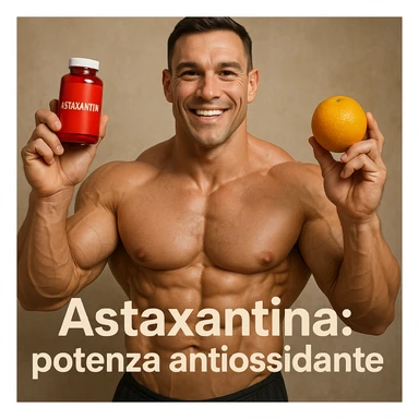 hyper realistic bodybuilder smiling showing astaxanthin and vitamin C, sculpted muscles, red bottle and orange, text 'Astaxantina: potenza antiossidante', positive atmosphere sticker