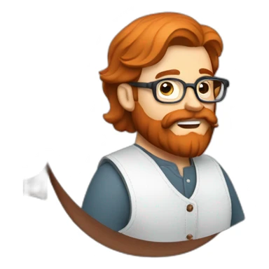 Red smooth haired man with beard and glasses sewing a leather saddle sticker