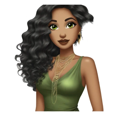 Glamorous, streetwear or cocktail dress, black balayage hair, long wavy hair, olive skin, green almond eyes, winged eyeliner with big lashes, wearing hooped earrings, rings and bracelets  sticker