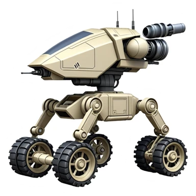 Star Wars jumping accurate 8-wheel armored canine sporty self-balancing massive mech trail vehicle shooting forward side-hill leaning actively robotically articulating hydraulic independent suspended pod gimbal enemy mech off-road racing rover with large fast engine RC basher crawler megatron  sticker