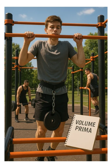 Atleta neofita giovane in un parco attrezzato per streetlifting, fisico ancora in fase iniziale. È intento a eseguire molte ripetizioni di esercizi a corpo libero con pesi leggeri (zavorra moderata), come trazioni e dip su parallele. Accanto a lui un taccuino di allenamento con la scritta 'Volume Prima'. L’atmosfera è luminosa e motivante, con altri atleti più muscolosi che sollevano carichi pesanti, ma lui è concentrato sul gesto tecnico e sulla costanza. Stile realistico, colori naturali, messaggio educativo su priorità all’adattamento progressivo e al volume. sticker