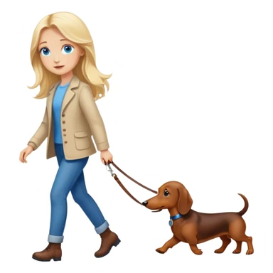 blonde girl with long hair and blue eyes walking with a dachshund sticker
