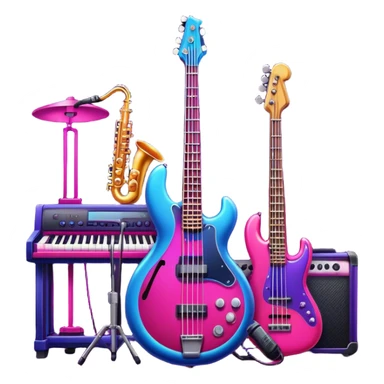 Icon for R&B Music Listening: neon lights and LED lighting in red, purple, blue and pink hues, with a bass guitar, drums, piano, saxophone, trumpet and microphone. Big speakerphones. The icon should evoke the energetic and soulful atmosphere of R&B music. Transparent background. sticker
