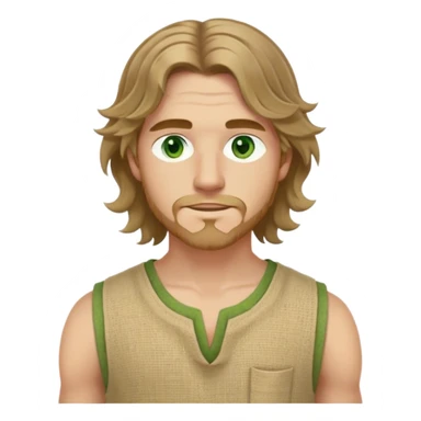 medieval summer outfit worn by a DnD themed fantasy male character. simple sleeveless hemp tunic with a deep round neckline and stitched reinforcements. clothes only above the waist. The clothes full waist. The character's haven't arms. character is white-skinned, light brown hair, green eyes, shoulder-length wavy hair. sticker