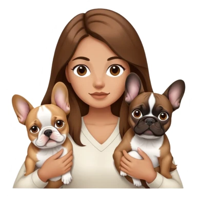 A girl with long brown hair is holding two French bulldogs, one beige and one black sticker