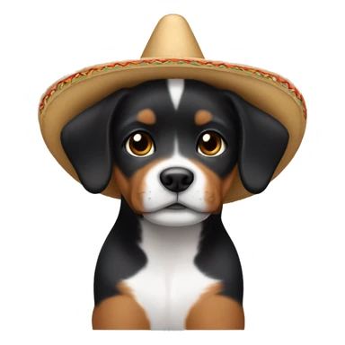 A black and brown pointy ear puppy without white with pointy ears and short fur wearing a sombrero  sticker