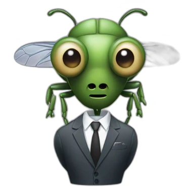 A fly with a human body and a fly head wearing a businessman's suit sticker