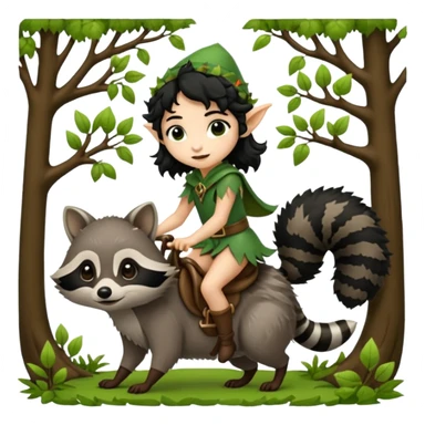 tiny forest elf with curly black hair riding raccoon sticker