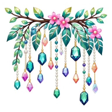 Exotic colorful romantic Few cute tiny Iridescent glistening glossy sparkly shiny glittery hanging crystals pearls and beads and gemstones scenery scenic decorations with branches and flowers sticker