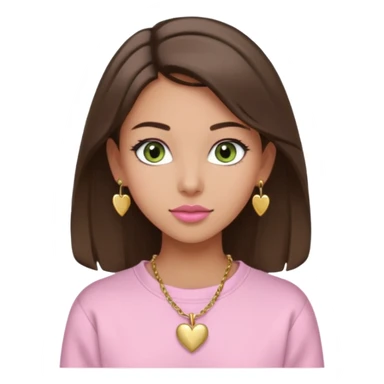 Create a teen girl wearing a light pink sweatshirt. She will have brunette hair, tan skin, pink lips, and grey-green eyes. She has long eyelashes. She is wearing gold stud earrings and a gold necklace with a heart-shaped pendant. sticker