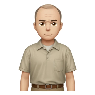 Carl from Sling Blade, serious expression, recognizable features, neutral background, full body, chin sticking out, slouching posture, no glasses, shirt with collar,  side view, the 4th image is good. show his entire body, he is standing. we see him from the side sticker