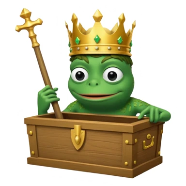 Emoji of an empty wooden coffin with its lid on top, the word ‘ECHO’ carved into the lid. The coffin is shown from the outside. A king-like Pepe the Frog, standing outside the coffin, is hammering nails into the lid to seal it shut. No character is inside the coffin. Not a treasure chest. sticker