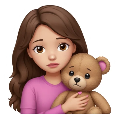 girl with long wavy brown hair, brown eyes, light to medium complexion, in a pink shirt, pink lips, long lashes, sad, hugging a teddy bear with a broken heart sticker