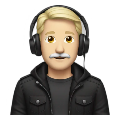 ADULT WHITE MAN BLONDE HAIR AND MUSTACHE USING A BLACK JACKET AND A HEADPHONE WITH A NEUTRAL FACE sticker