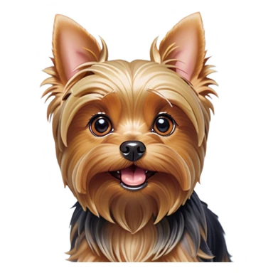 Cinematic Comical Yorkshire Terrier Portrait Emoji, Head tilted dramatically with an exaggeratedly surprised, comical expression and wide, expressive eyes, featuring a perky, well-groomed fur in rich hues, simplified yet hilariously detailed, glowing with a bold, sassy radiance, high shine, exuding playful mischief and cheeky terrier attitude, styled with a soft glowing outline, capturing the essence of a Yorkshire Terrier that appears ready to comically dash out of the frame! sticker