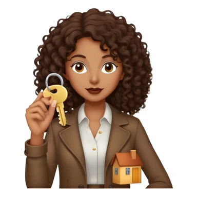 Dark brown lady with medium brown mid length curly hair in real estate job with house and keys sticker