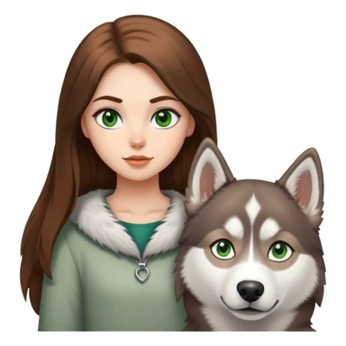 Girl with Green eyes and Brown long hair with husky white and grey  sticker