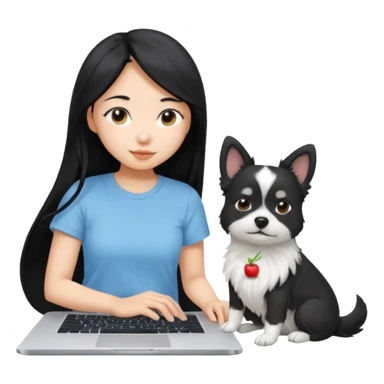 Asian girl long black hair, wearing a light blue t-shirt, working on an Apple laptop, next to her is a small black and white dog sticker