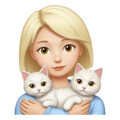a girl with short blonde hair, a white fluffy cat lying on her left shoulder and neck, emoji style sticker