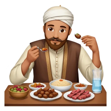 Muslim man with beard and mustache wearing his religious clothes eating if they food : dates on table, meat with rice, fried foods on the table and fruits, water sticker