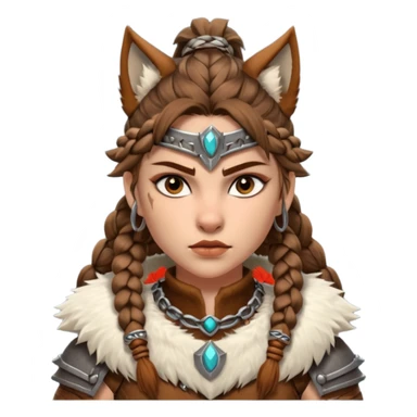 barbarian woman wolf rider portrait, head and shoulders only, fierce female warrior, fur-lined barbarian armor collar, wolf fur details, wild braided hair, intense eyes, tribal warrior vibe, fantasy style, 3D cartoon, mobile game icon style, clean background, no text, no watermark
 sticker
