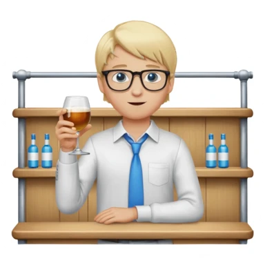 Wygeneruj mi emotke ubranego chłopaka i pokaż go od stóp do głów o włosach blond z niebieskimi oczami w okularach, który utrzymuje się na drążku sticker