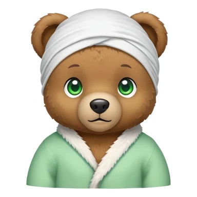 Cute brown teddy bear with innocent green eyes wearing a white wave durag perfectly tied, iOS emoji style sticker