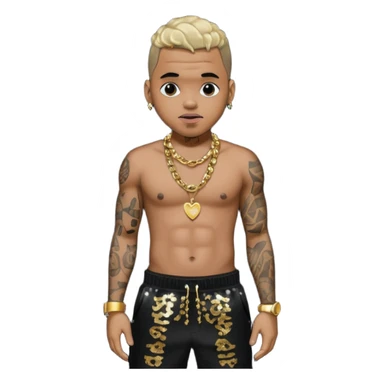 Chris Brown with black sequin baggy pants, shirtless with necklace sticker